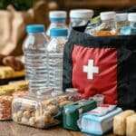 Emergency preparedness kit with food, water, and first aid supplies.
