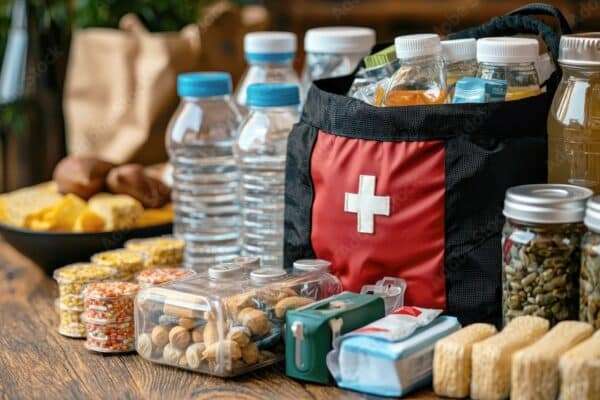 Emergency preparedness kit with food, water, and first aid supplies.