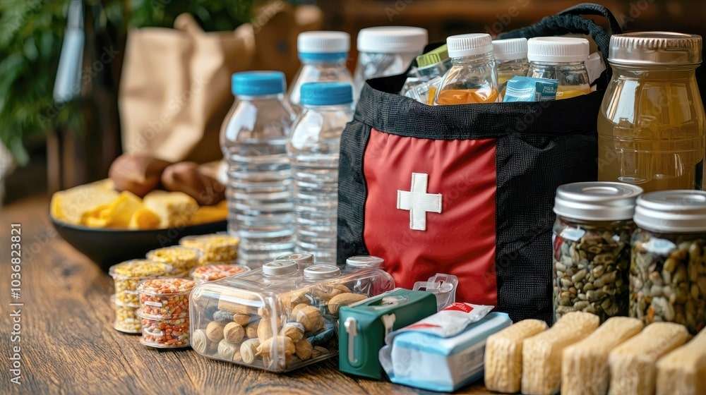 Emergency preparedness kit with food, water, and first aid supplies.