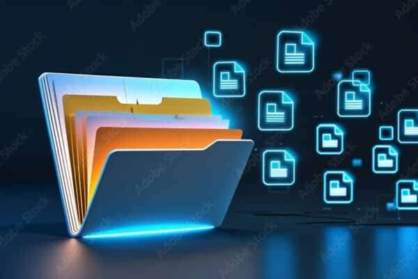 digital file transfer: a glowing, organized folder emitting abstract data files, symbolizing efficient document management, cloud storage, and secure information sharing  modern computing environment