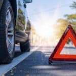 Red triangle, red emergency stop sign, red emergency symbol with  car stop and park on road.