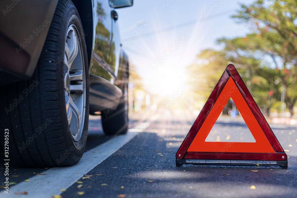 Red triangle, red emergency stop sign, red emergency symbol with  car stop and park on road.