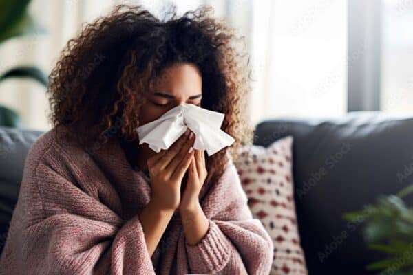 Sick woman blowing her nose on a cold winter day