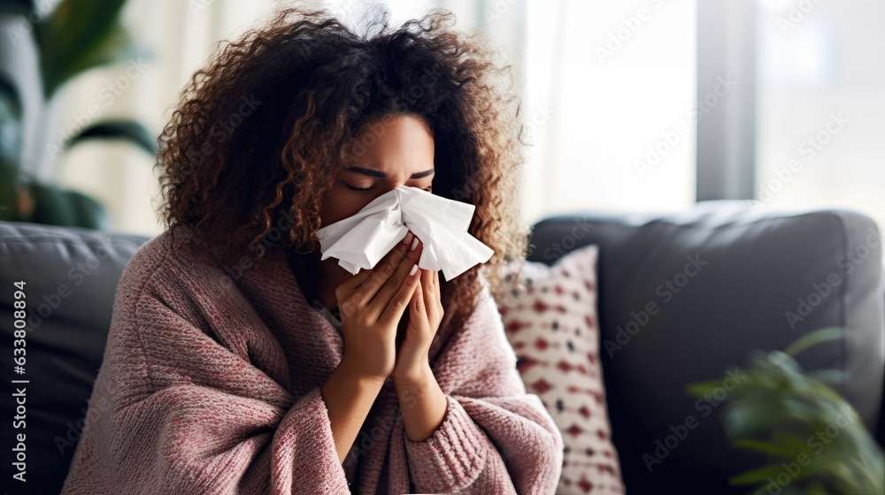 Sick woman blowing her nose on a cold winter day