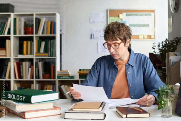 Person analyzing documents and notes in a well-organized library filled with books and plants. Engaging in a detailed study session while seated at a desk